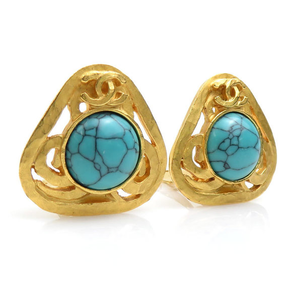 CHANEL Earrings Coco Mark Metal Stone Gold Turquoise Blue Women's e59247a - Picture 1 of 5